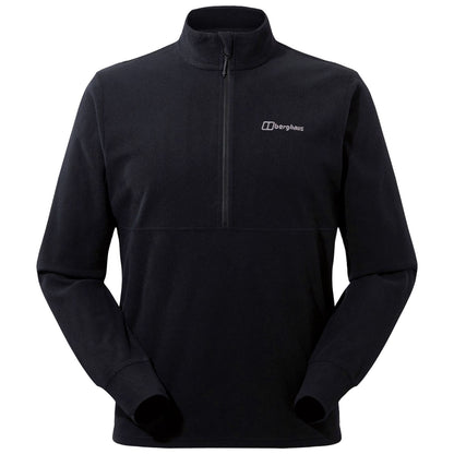 A black fleece pullover is displayed with a half-zip collar featuring long sleeves and a logo on the chest suggesting it is designed for outdoor activities or casual wear.