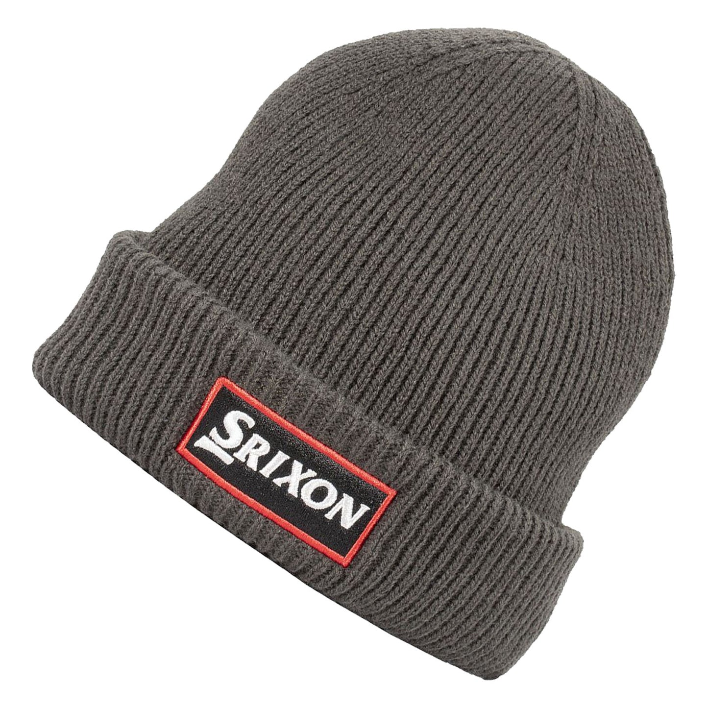 A gray knit beanie is positioned at an angle showcasing its ribbed texture and a prominent rectangular patch display featuring the word Srixon in black on a white background with red borders.