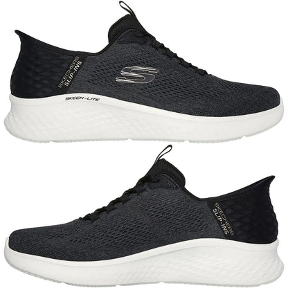 Black athletic shoes are displayed showing a textured upper and white sole with a raised heel the context suggests a focus on comfort and casual wear