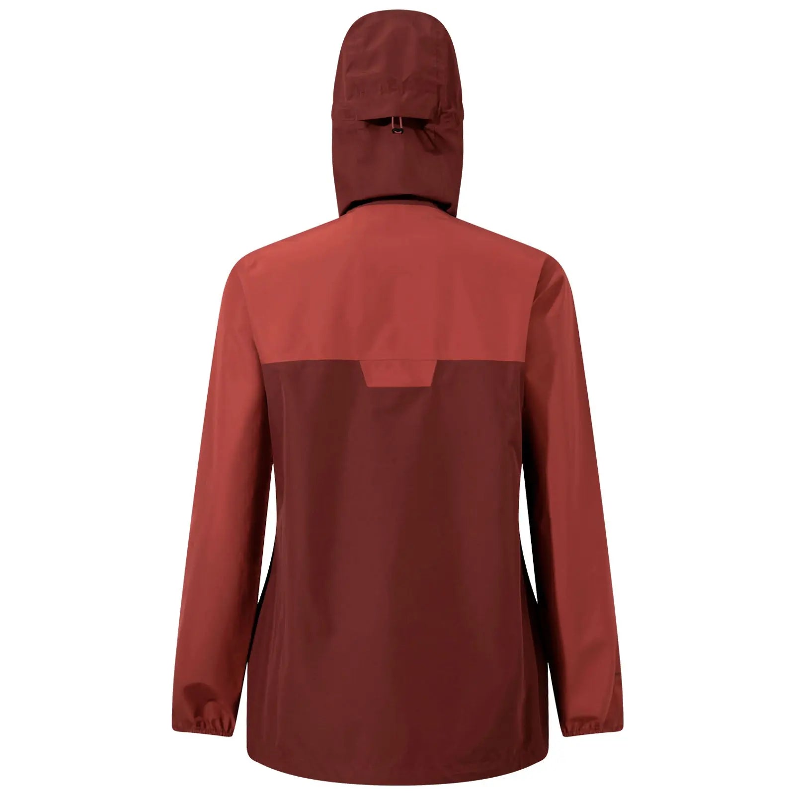 A protective jacket in dark red with a hood is displayed upright showing its back. The fabric appears smooth and lightweight suggesting suitability for outdoor activities.