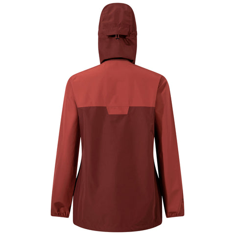 A protective jacket in dark red with a hood is displayed upright showing its back. The fabric appears smooth and lightweight suggesting suitability for outdoor activities.