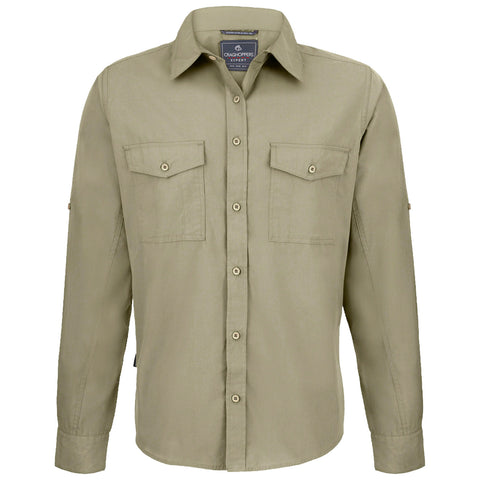 A long-sleeved, light olive shirt with two chest pockets is displayed straight-on, featuring a button-up front and a collar, suitable for casual or outdoor wear.