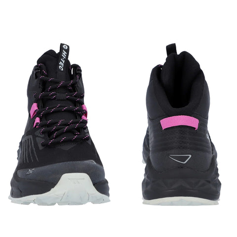 Black athletic shoes with pink accents are displayed. They feature a textured surface and a sturdy sole. The shoes are placed side by side, highlighting their design and functionality.