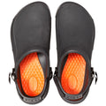 Black footwear with a smooth exterior features an orange textured insole and a back strap for adjustment showcasing a modern and casual design suitable for various environments