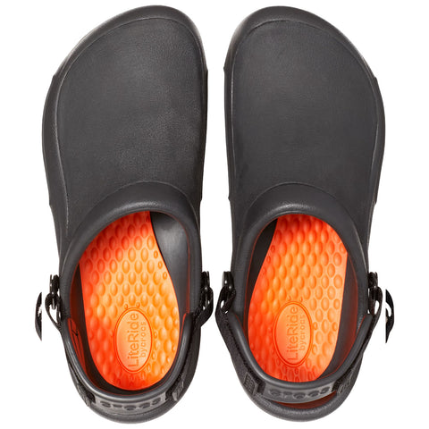 Black footwear with a smooth exterior features an orange textured insole and a back strap for adjustment showcasing a modern and casual design suitable for various environments