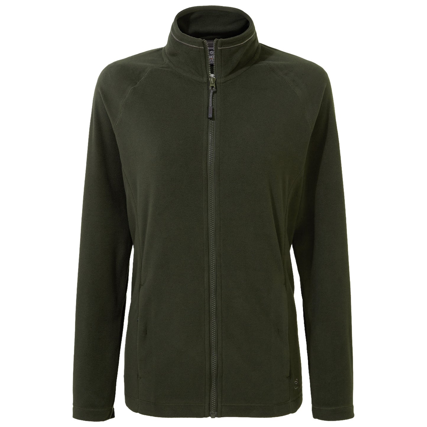 A dark green zip-up fleece jacket displayed front-facing hangs vertically showing long sleeves and high collar designed for warmth in cooler settings with side pockets visible