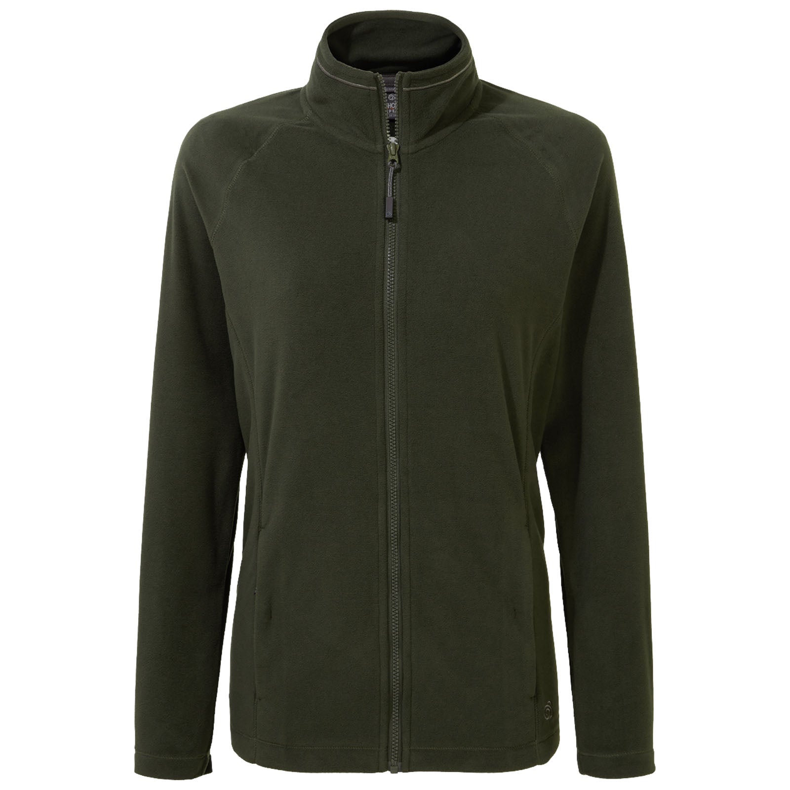 A dark green zip-up fleece jacket displayed front-facing hangs vertically showing long sleeves and high collar designed for warmth in cooler settings with side pockets visible