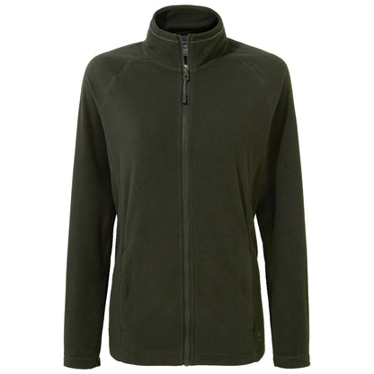 A dark green zip-up fleece jacket displayed front-facing hangs vertically showing long sleeves and high collar designed for warmth in cooler settings with side pockets visible