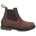 A brown waterproof chelsea boot features elastic side panels for easy wear and a textured sole for traction, displayed against a plain white background emphasizing its design and functionality.