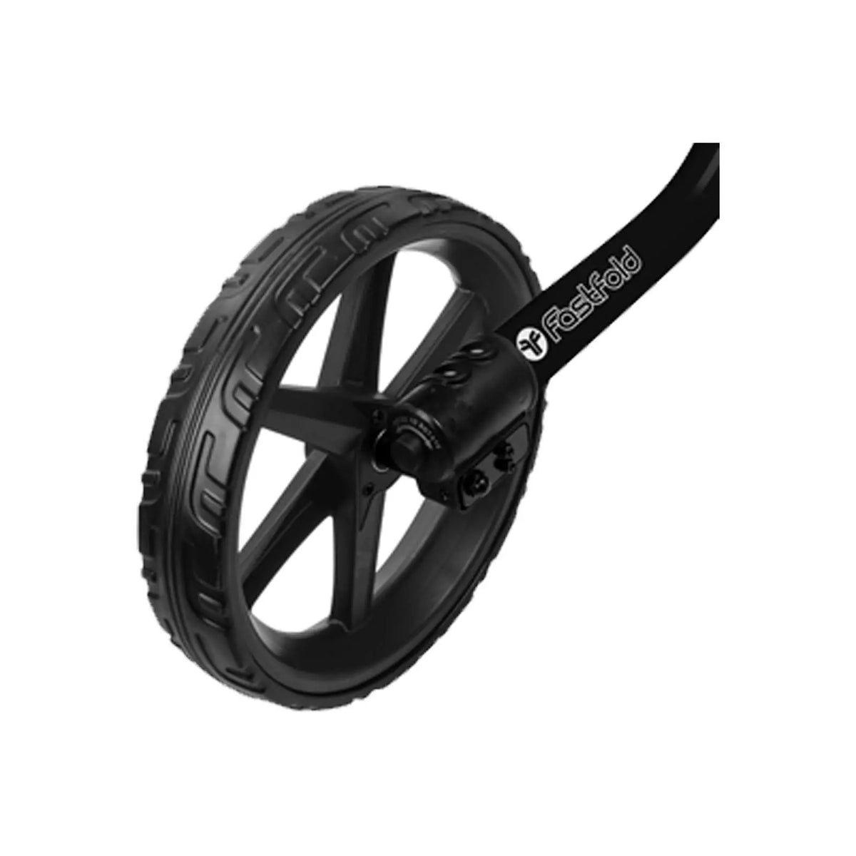 A black wheel with a patterned tire is positioned upright showing its spokes and mount connected to a leg. The context implies it is part of a folding device.