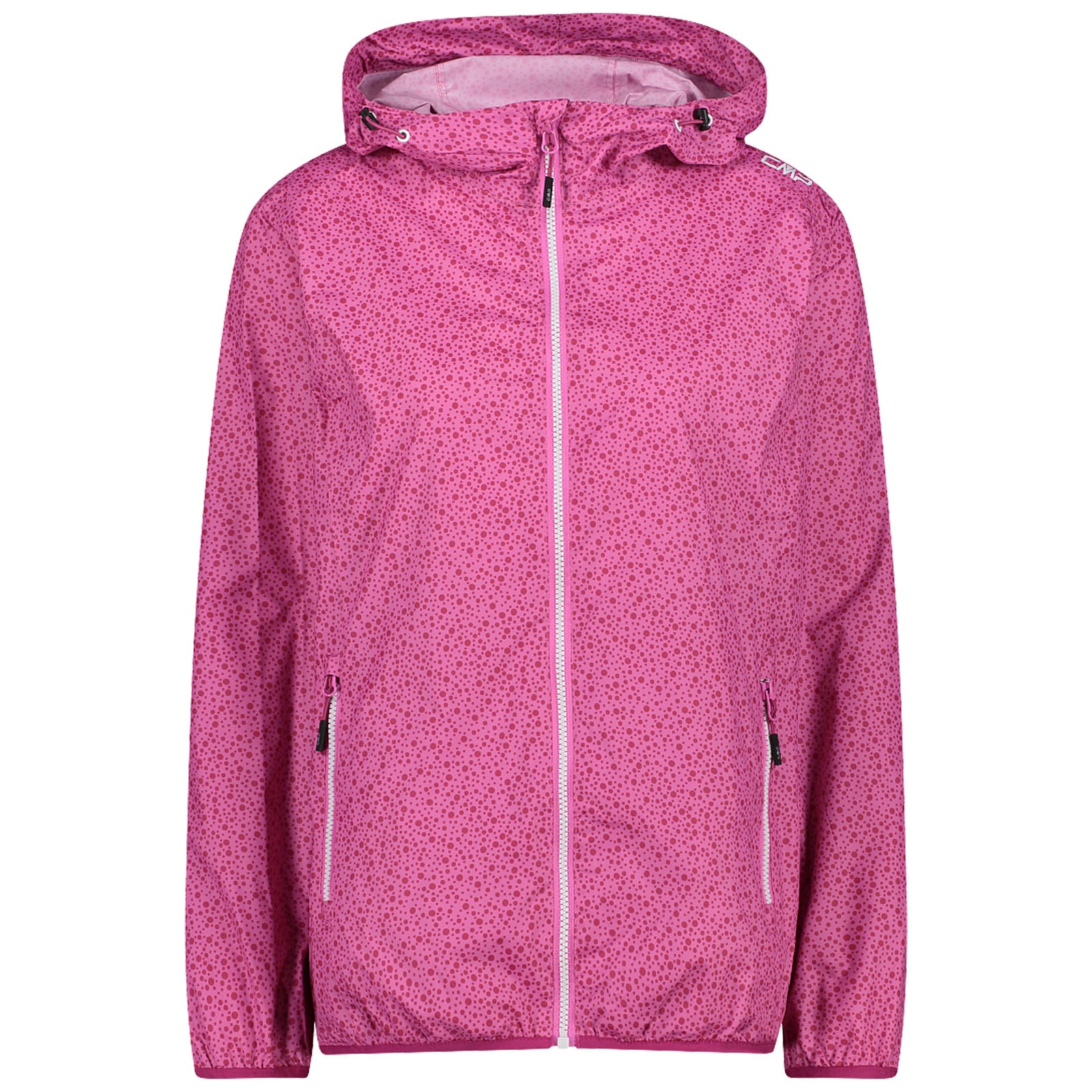 A pink hooded jacket with a dotted pattern hangs upright showcasing a zippered front and two side pockets designed for outdoor activities in varying weather conditions.