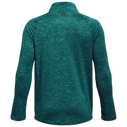 A green long-sleeve athletic shirt with a high collar is displayed facing away revealing a textured fabric design and an embroidered logo on the back neckline.