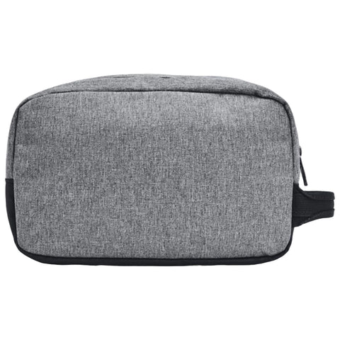 A gray fabric toiletry bag sits flat with a smooth surface and a black base showcasing a simple design suitable for travel or organization in a bathroom setting.