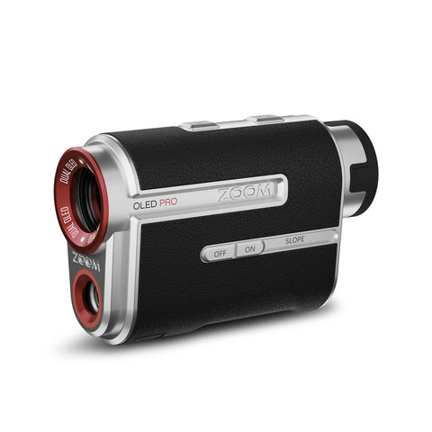 A compact black device with a silver trim features dual OLED displays and buttons for power and slope adjustment used for measuring distances in various contexts.