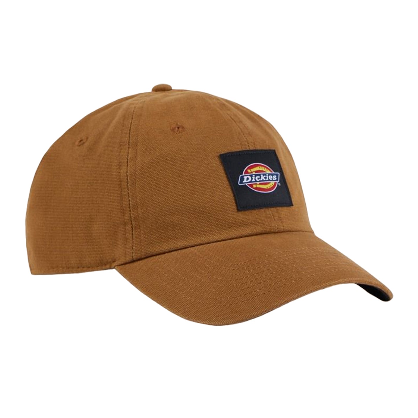 A brown cap rests on a flat surface displaying a logo patch with the word Dickies on it in a circular design, suitable for casual or work attire.