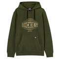 A green hoodie features a front pocket and a logo on the chest that reads "DICKIES" with the phrase "QUALITY WORKWEAR" and "SINCE 1922" below it in a contrasting color.