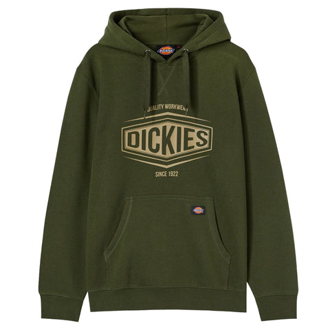 A green hoodie features a front pocket and a logo on the chest that reads "DICKIES" with the phrase "QUALITY WORKWEAR" and "SINCE 1922" below it in a contrasting color.