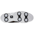 A golf shoe sole is featured with six white spikes arranged in two groups on a primarily white surface with textured patterns designed for grip on grass surfaces.