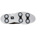 A golf shoe sole is featured with six white spikes arranged in two groups on a primarily white surface with textured patterns designed for grip on grass surfaces.