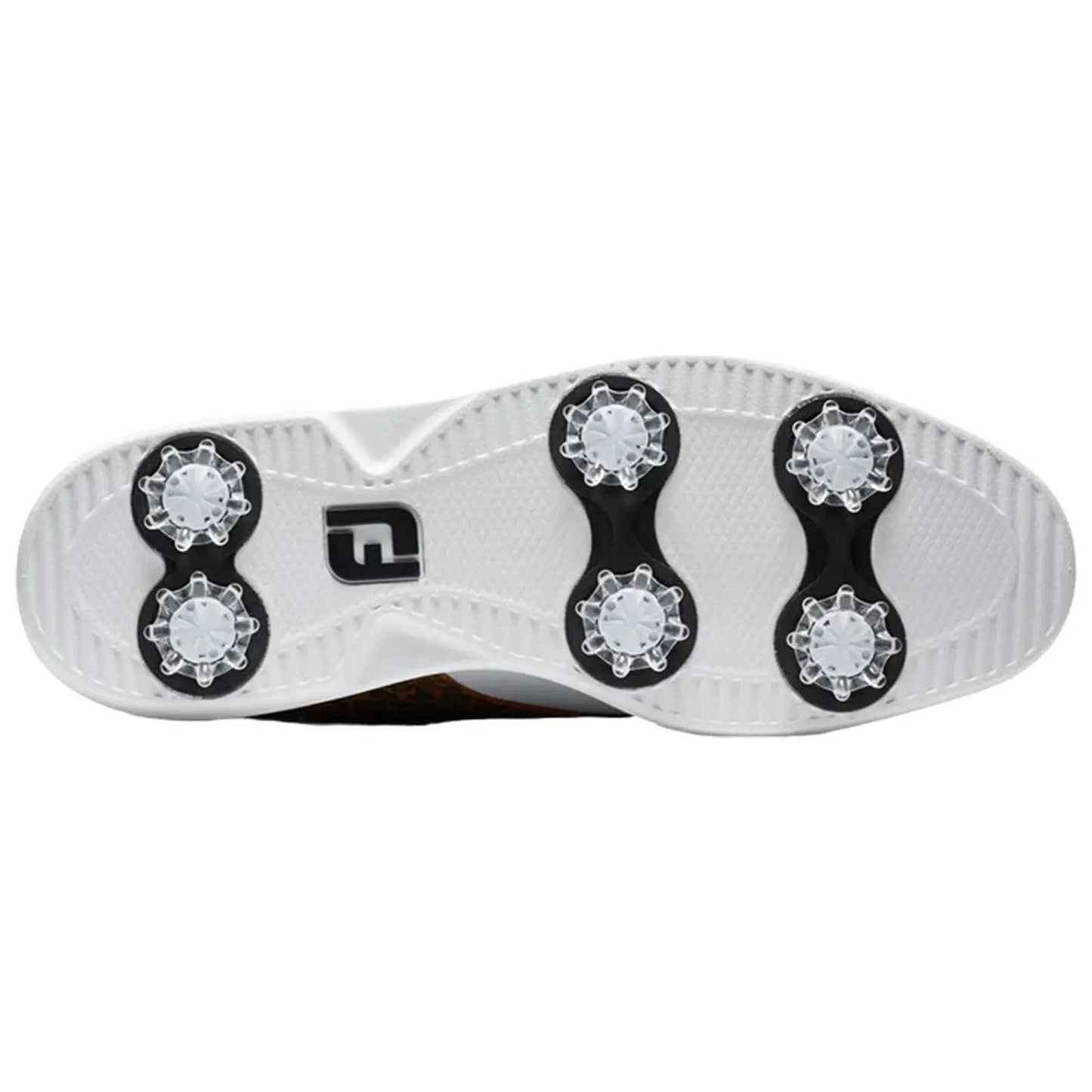 A golf shoe sole is featured with six white spikes arranged in two groups on a primarily white surface with textured patterns designed for grip on grass surfaces.