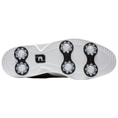 A golf shoe sole is featured with six white spikes arranged in two groups on a primarily white surface with textured patterns designed for grip on grass surfaces.