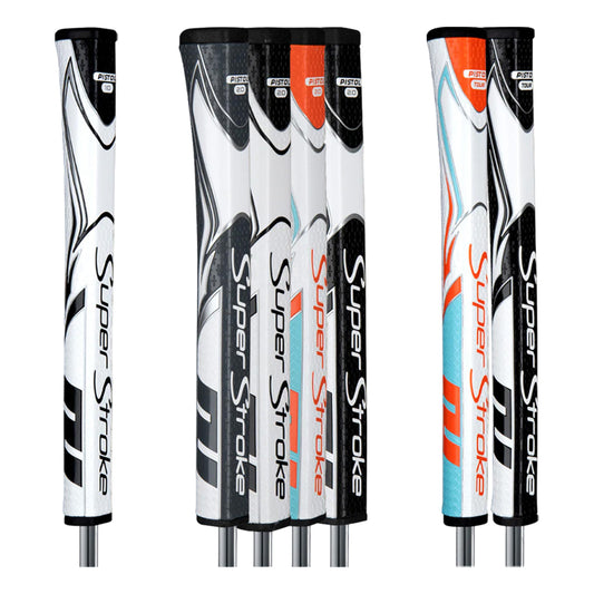 Six golf club grips labeled "Super Stroke" are arranged vertically. Each grip varies in color and design, showcasing a blend of black, white, and orange accents against a simple background.