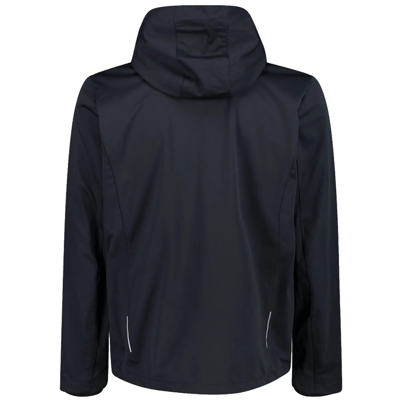 A black hooded jacket is displayed from the back view with a smooth fabric finish and subtle reflective details at the sides providing a sleek and functional appearance for outdoor wear.