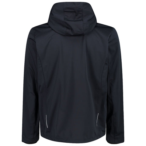 A black hooded jacket is displayed from the back view with a smooth fabric finish and subtle reflective details at the sides providing a sleek and functional appearance for outdoor wear.