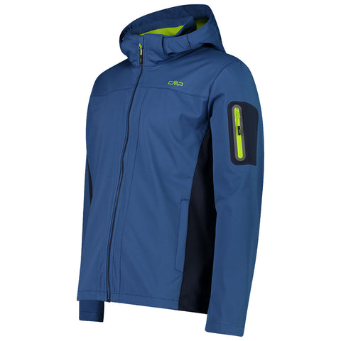 A blue jacket with a hood features green accents and a zippered pocket on the arm presenting a stylish and functional design suitable for outdoor activities.
