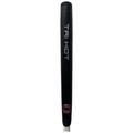 A black golf putter grip with textured surface displays the word TRI-HOT in white lettering and a spiral design at the bottom in red and white, set against a plain background.