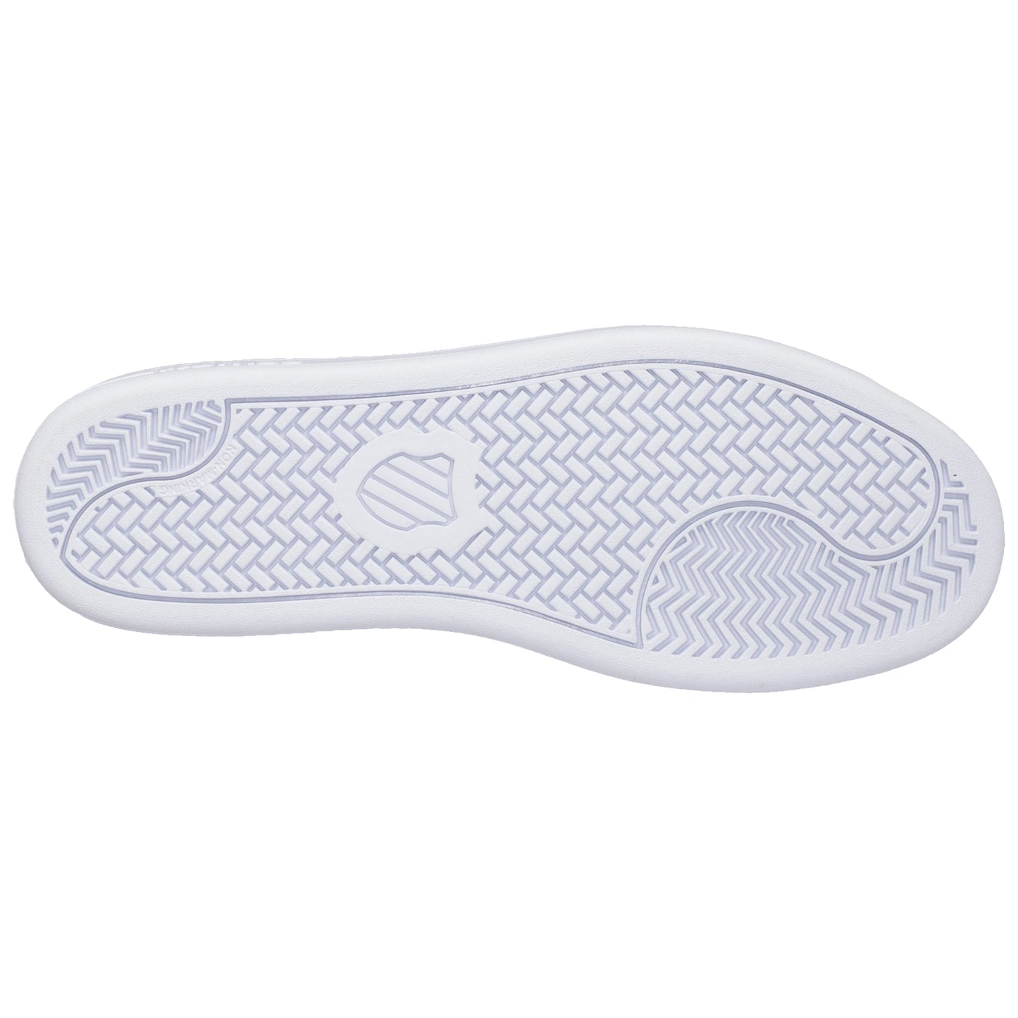 White sneakers with a smooth leather finish are positioned frontally and from the back showing defined stitching and a logo on the tongue with a simple purple accent at the heel.