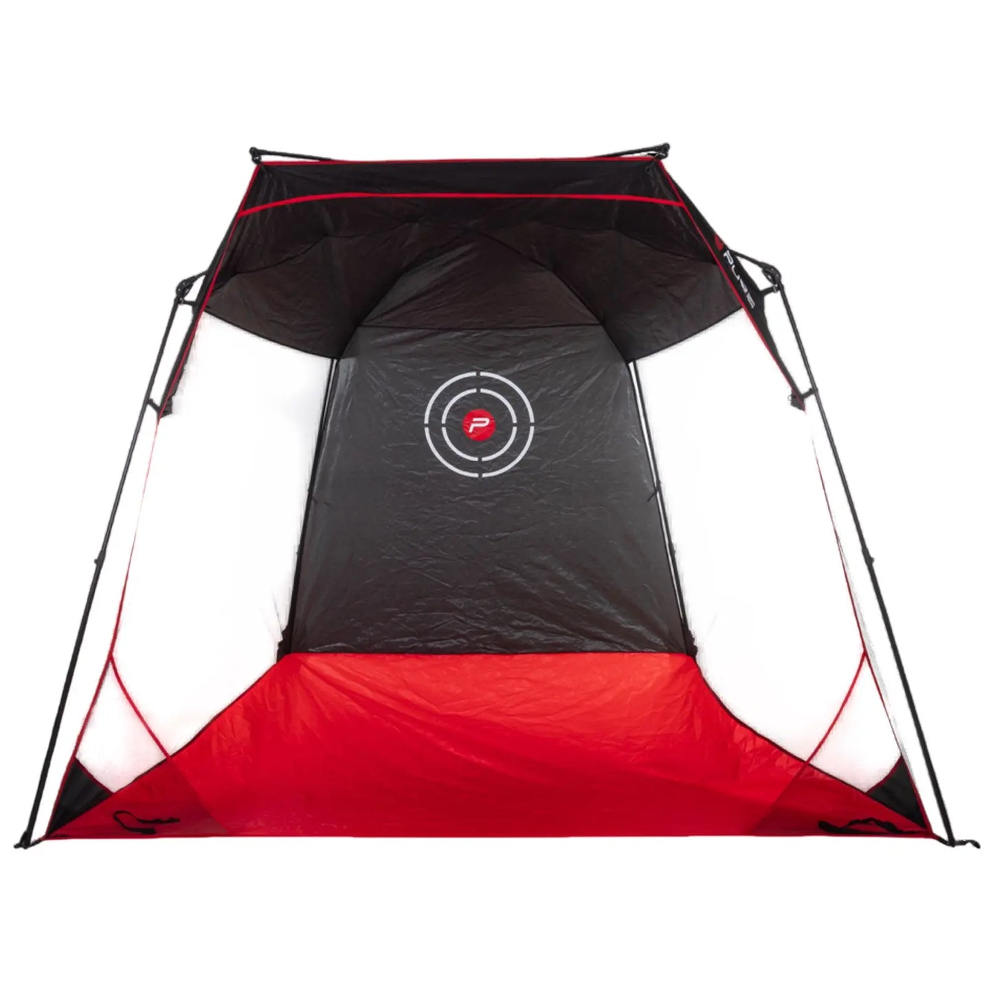 A large golf net featuring a black and red colour scheme with mesh panels is set up for golf. The golf net  has targets marked inside and appears suitable for games or sport practice
