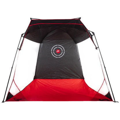 A large golf net featuring a black and red colour scheme with mesh panels is set up for golf. The golf net  has targets marked inside and appears suitable for games or sport practice