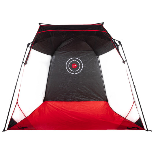 A large golf net featuring a black and red colour scheme with mesh panels is set up for golf. The golf net  has targets marked inside and appears suitable for games or sport practice