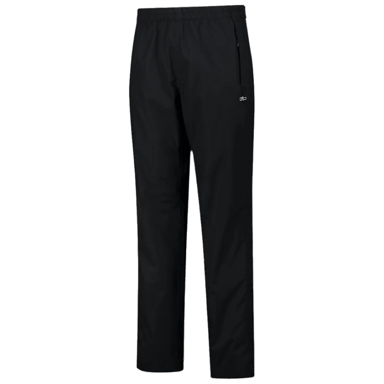 Black pants with a streamlined design feature an elastic waistband and a zippered pocket on the side suitable for outdoor activities or casual use.