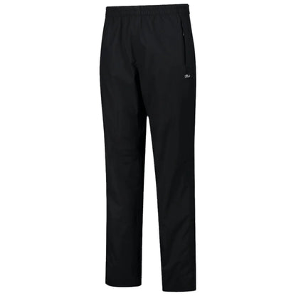 Black pants with a streamlined design feature an elastic waistband and a zippered pocket on the side suitable for outdoor activities or casual use.