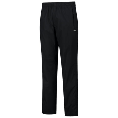 Black pants with a streamlined design feature an elastic waistband and a zippered pocket on the side suitable for outdoor activities or casual use.