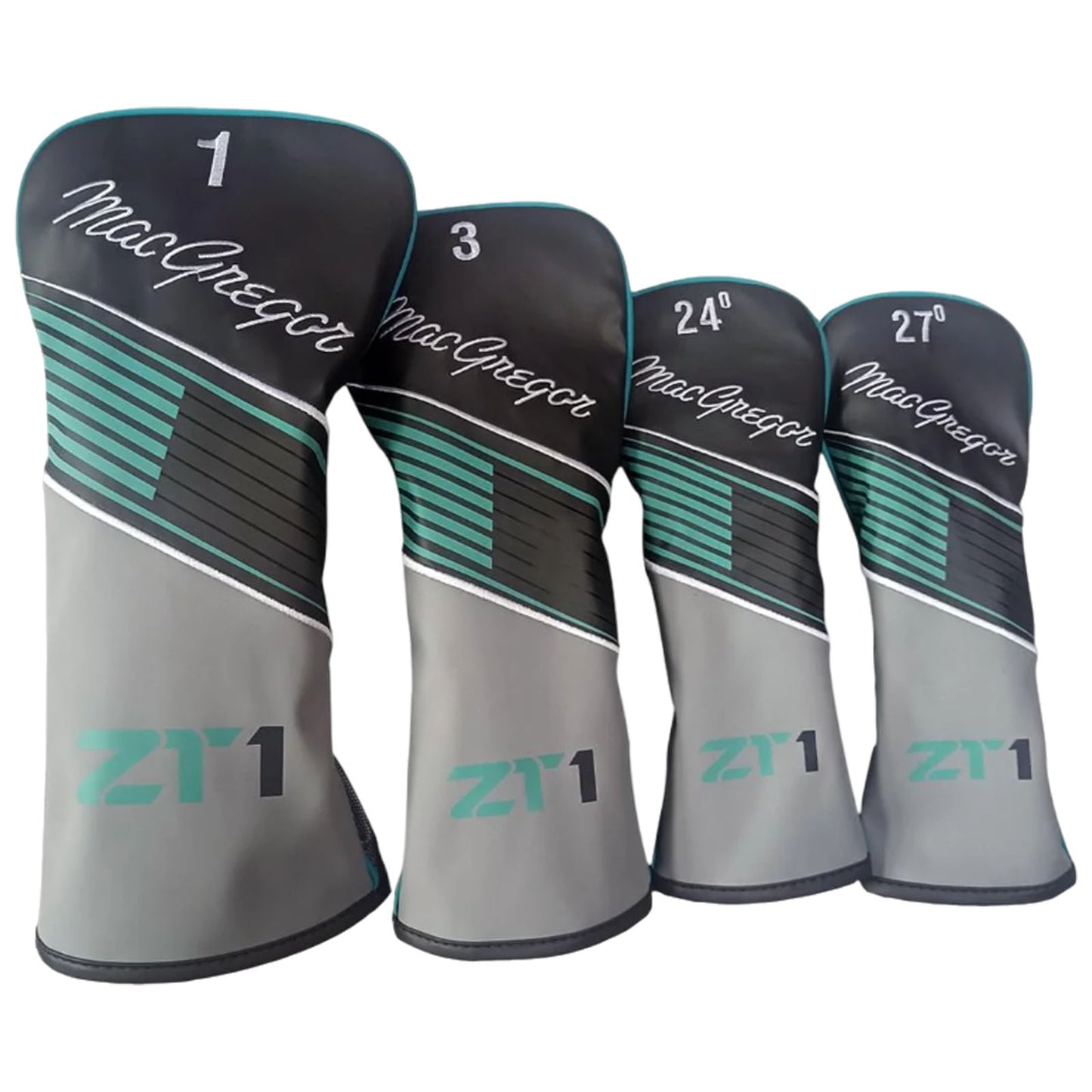 Four gray golf club headcovers are arranged in increasing order of size. Each headcover features the brand name MacGregor and numbers 1, 3, 24, and 27 displayed prominently.