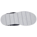 A gray slipper's sole rests flat displaying textured patterns for grip while being surrounded by a soft fur upper indicating comfort and casual indoor use.