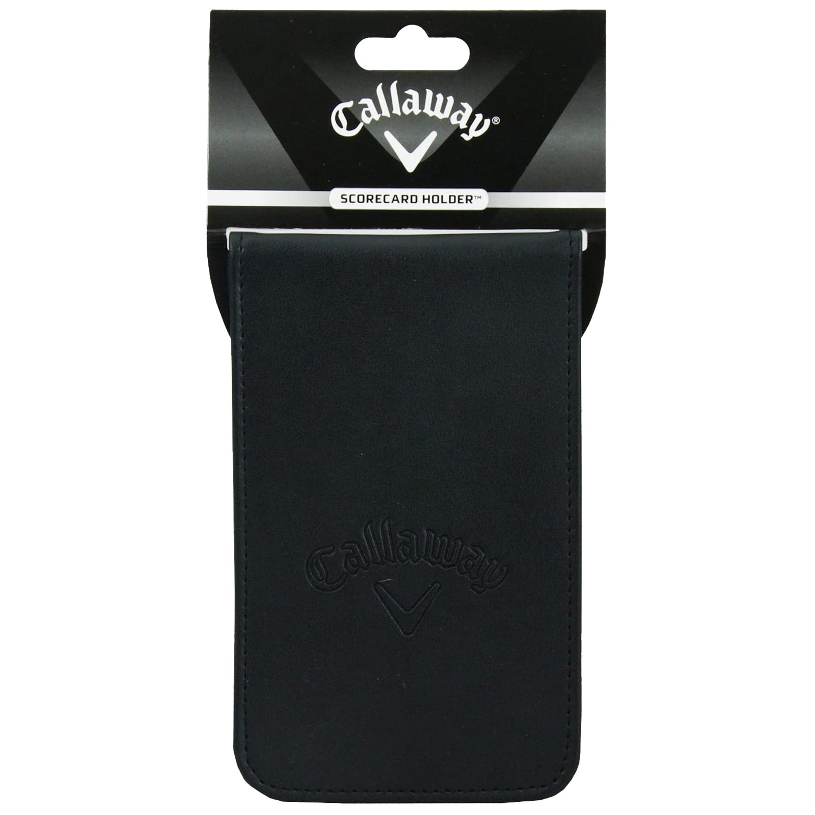 A black scorecard holder displays the Callaway logo prominently embossed on its surface and hangs from a retail card with a cutout at the top for displaying in stores.