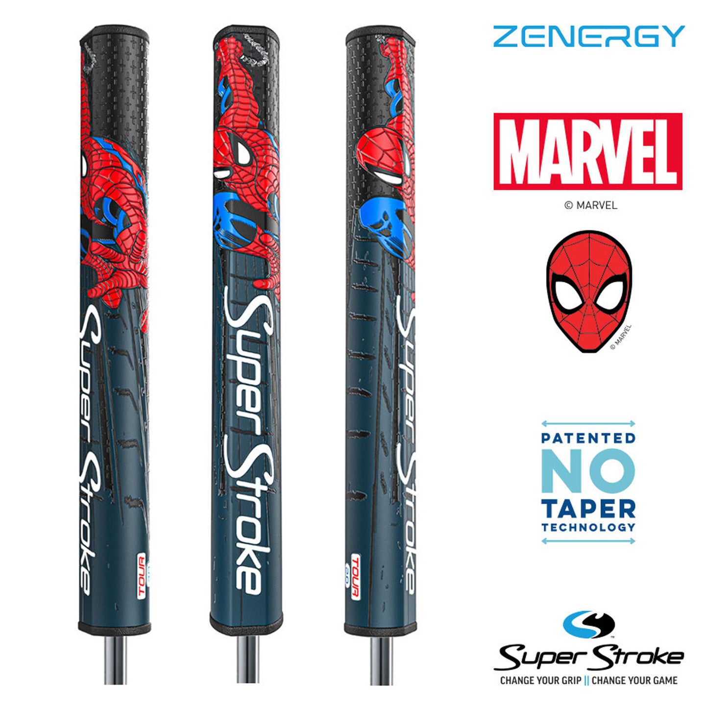 Three golf club grips are displayed, featuring a Spider-Man design. The grips are labeled "Super Stroke" and are shown against a plain background. Logos for Zenergy and Marvel are also present.