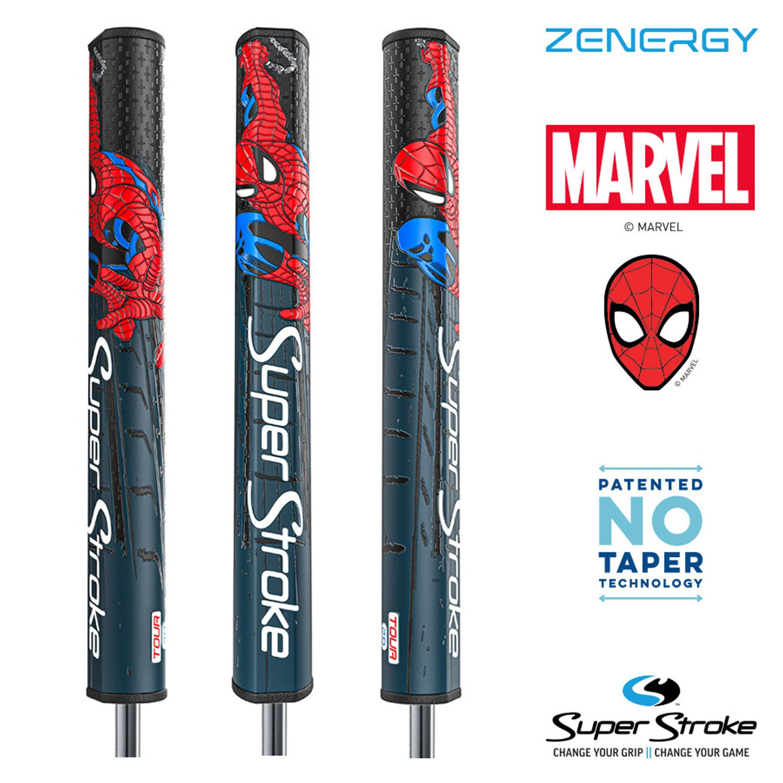 Three golf club grips are displayed, featuring a Spider-Man design. The grips are labeled "Super Stroke" and are shown against a plain background. Logos for Zenergy and Marvel are also present.