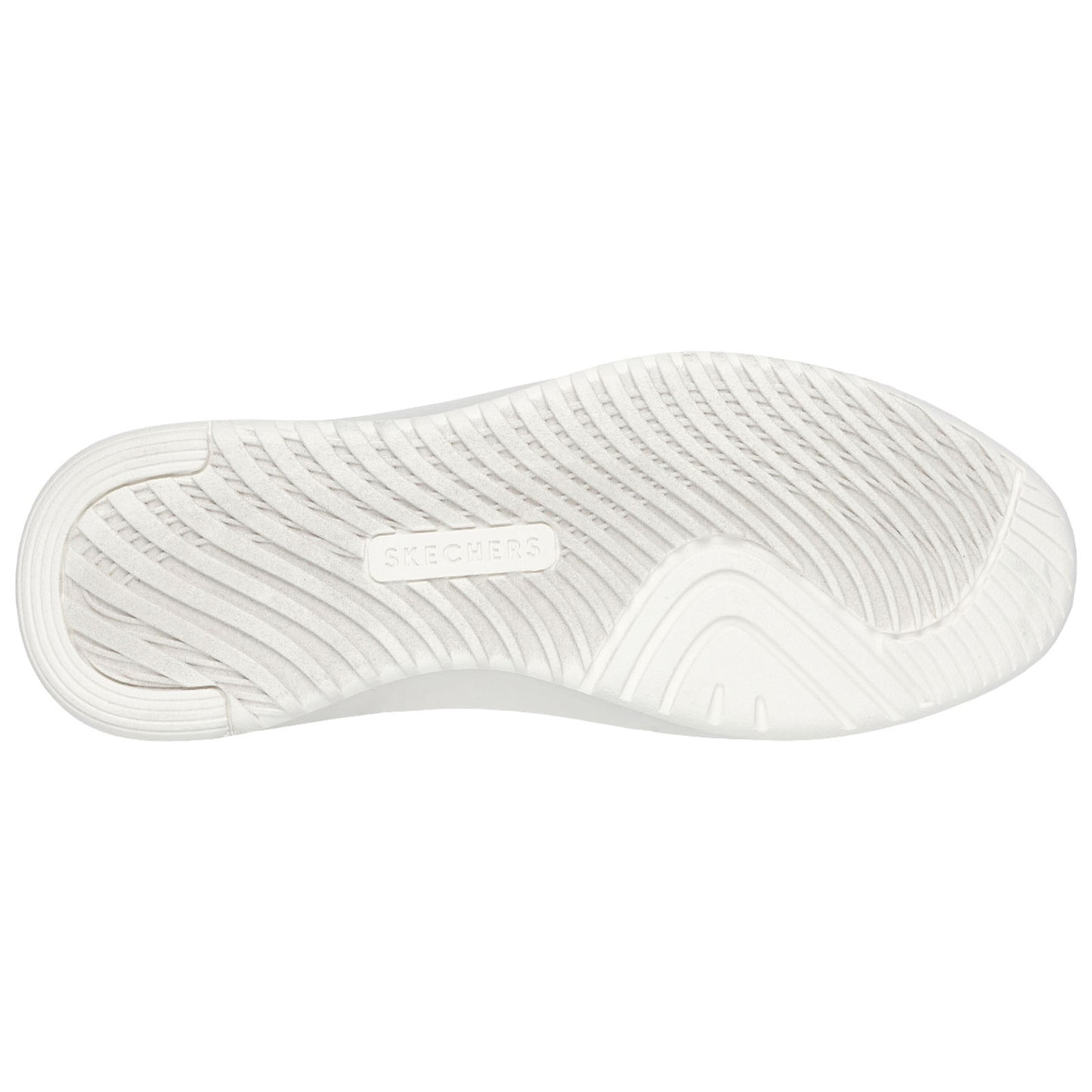 A white sneaker sole is shown resting on a flat surface displaying a textured pattern with a visible brand logo that reads SKECHERS in the center of the sole.