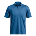 A blue polo shirt with short sleeves features a collar and a small black logo on the left chest area against a plain background