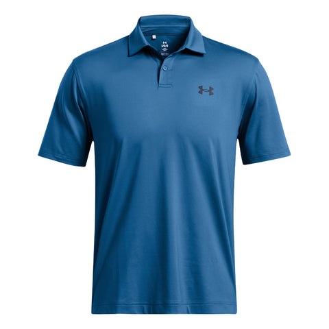 A blue polo shirt with short sleeves features a collar and a small black logo on the left chest area against a plain background