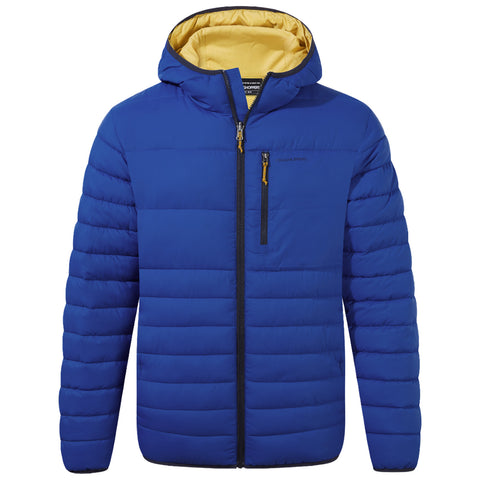 A blue puffer jacket is displayed with a zipper and a hood featuring a contrasting yellow interior and a chest pocket showcasing a modern design suitable for chilly weather.