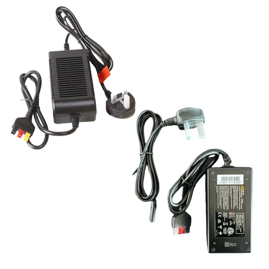 A black power adapter with multiple cables and plugs is positioned alongside a smaller gray adapter. Both are intended for electrical connections in various devices, surrounded by a neutral background.