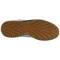 A sneaker sole is positioned flat, showcasing intricate tread patterns for grip. The surrounding context is a neutral background, emphasizing the design and material of the sole.