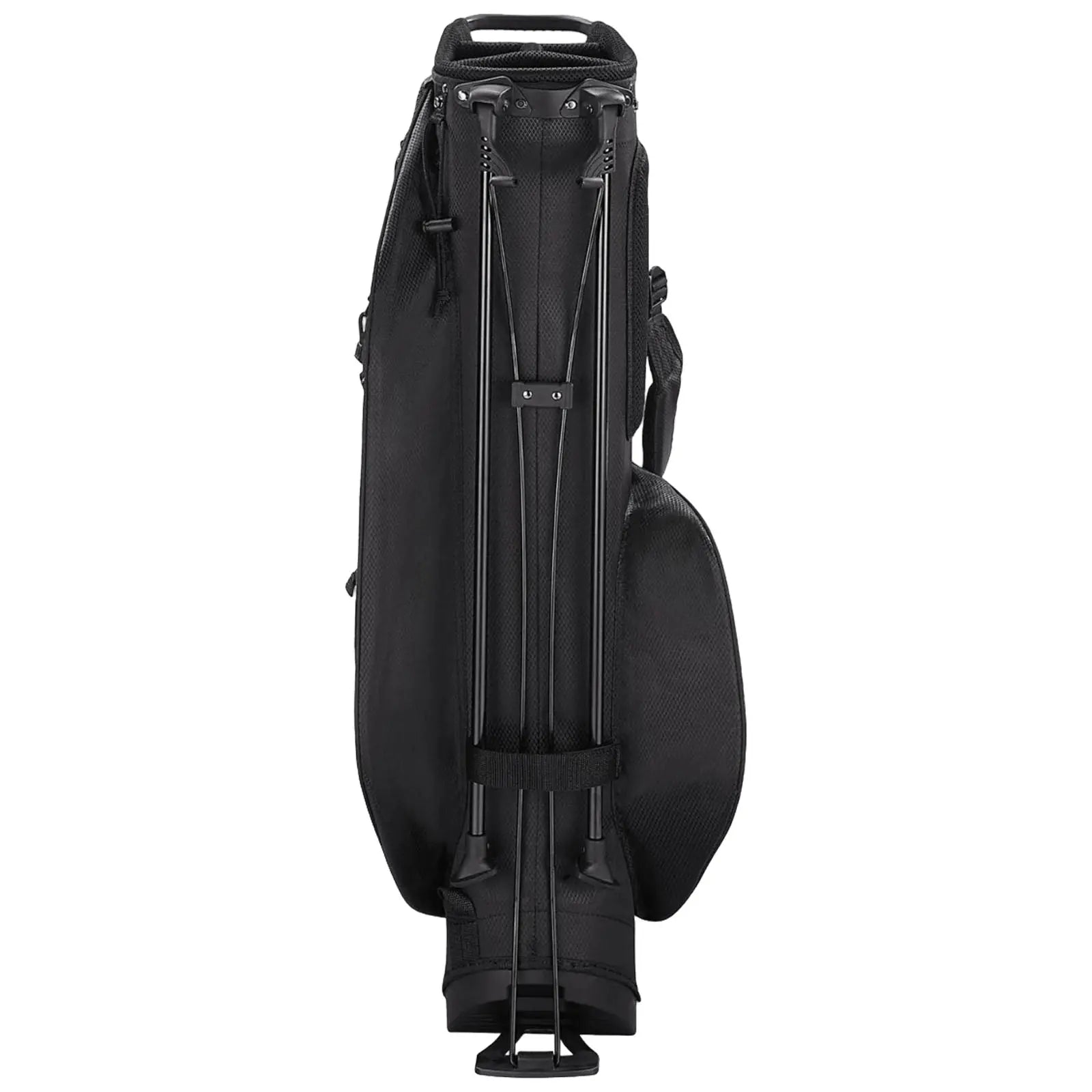 A black golf travel bag stands upright with telescopic handles extended providing a means to roll it. The bag is designed for transportation of golf clubs and equipment.