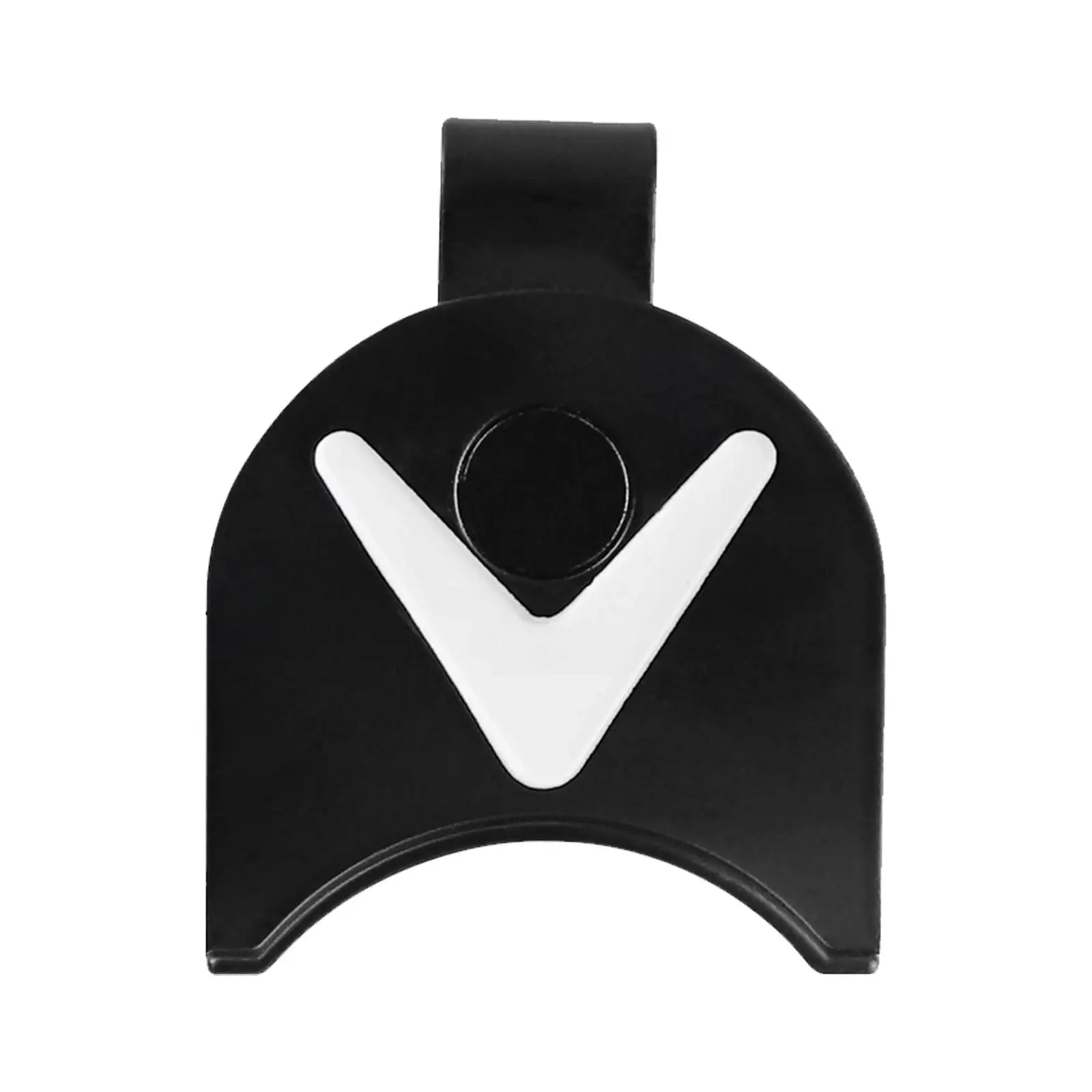 A small black object with a circular top features a prominent white V-shaped design and a circular detail at the center it is likely a clip or fastener.